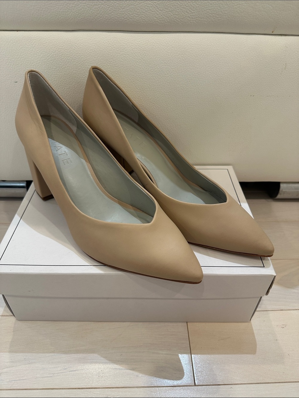 1. State Beige Pointed Toe Block Heel Pumps